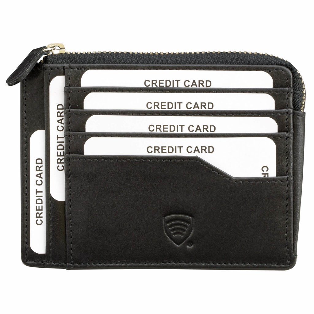 RFID blocking slim wallet with zipper (Shiny Black) Koruma Id Protection