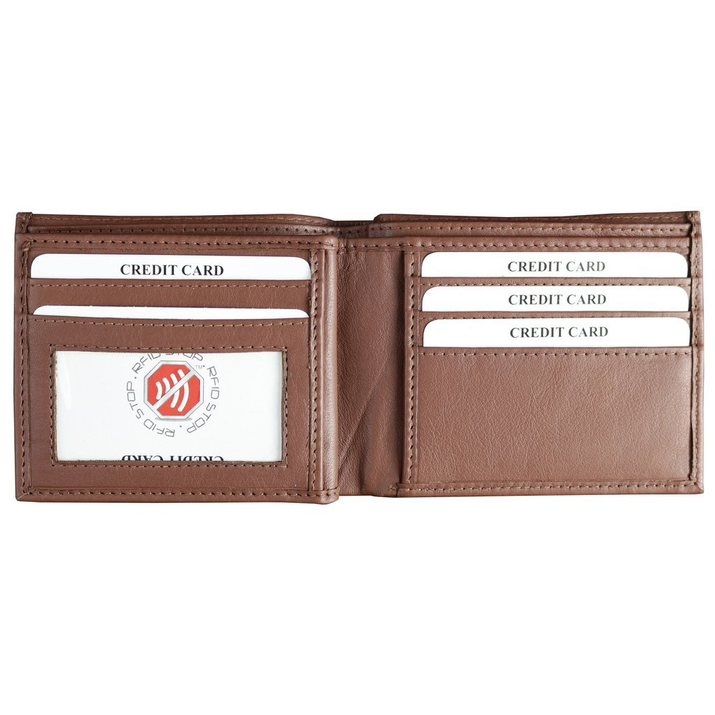 Tan Leather RFID Wallet for 14 Cards and ID – Single Billfold with Flap