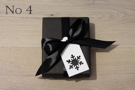 Black Kraft Paper, Black Satin Ribbon and White Gift Tag with Snowflake