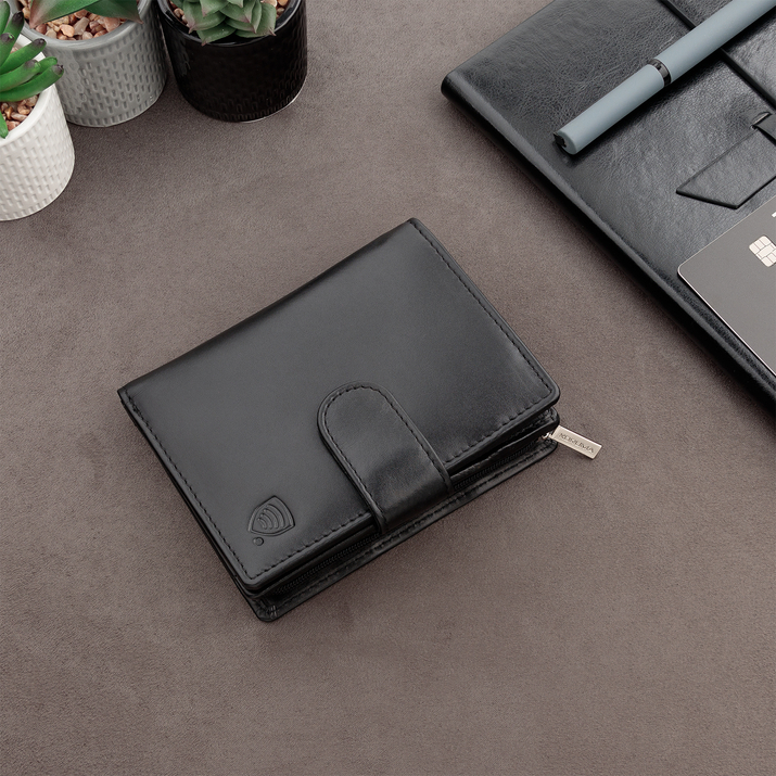 Black Leather RFID Wallet for 5-10 Cards with Zipped Coin Pocket and Zipped Note Section