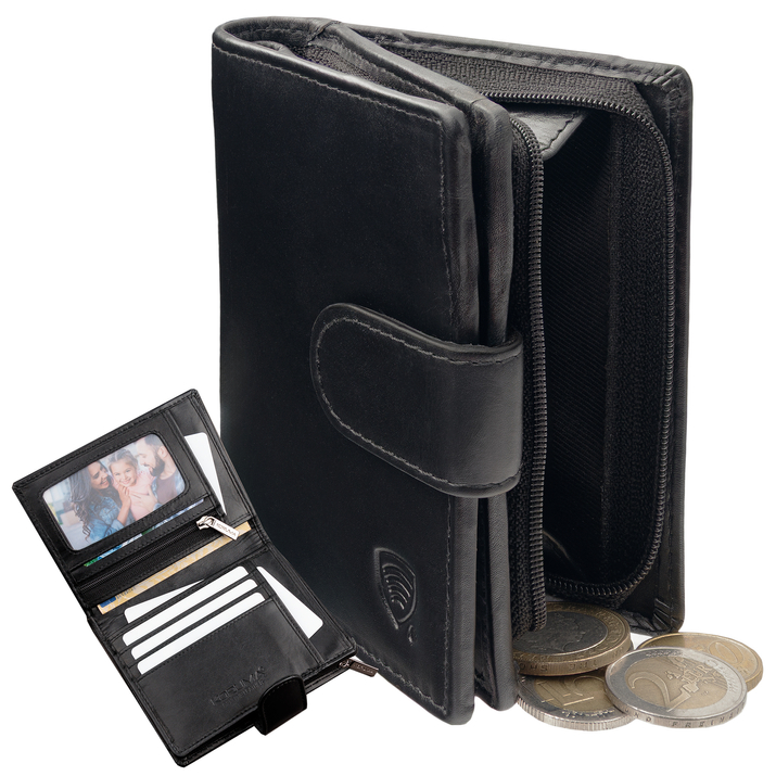 Black Leather RFID Wallet for 5-10 Cards with Zipped Coin Pocket and Zipped Note Section
