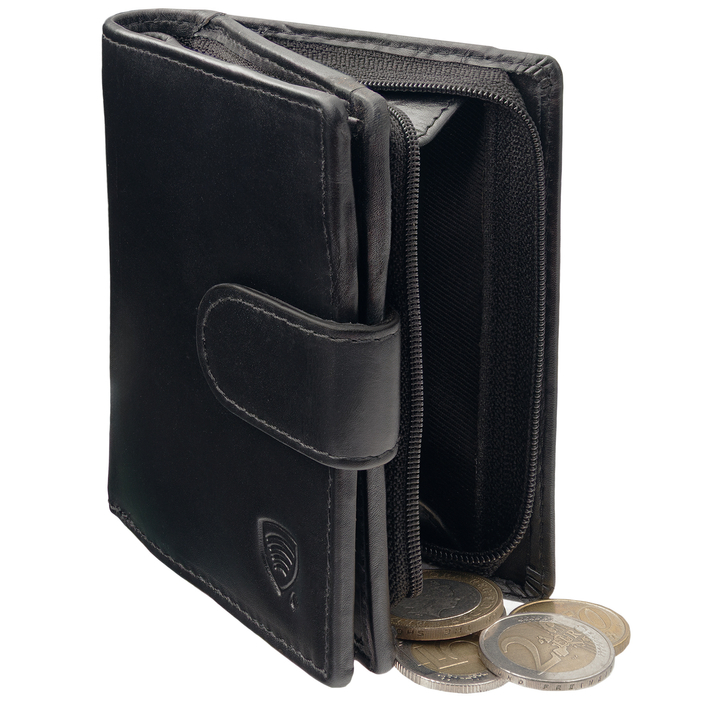 Black Leather RFID Wallet for 5-10 Cards with Zipped Coin Pocket and Zipped Note Section